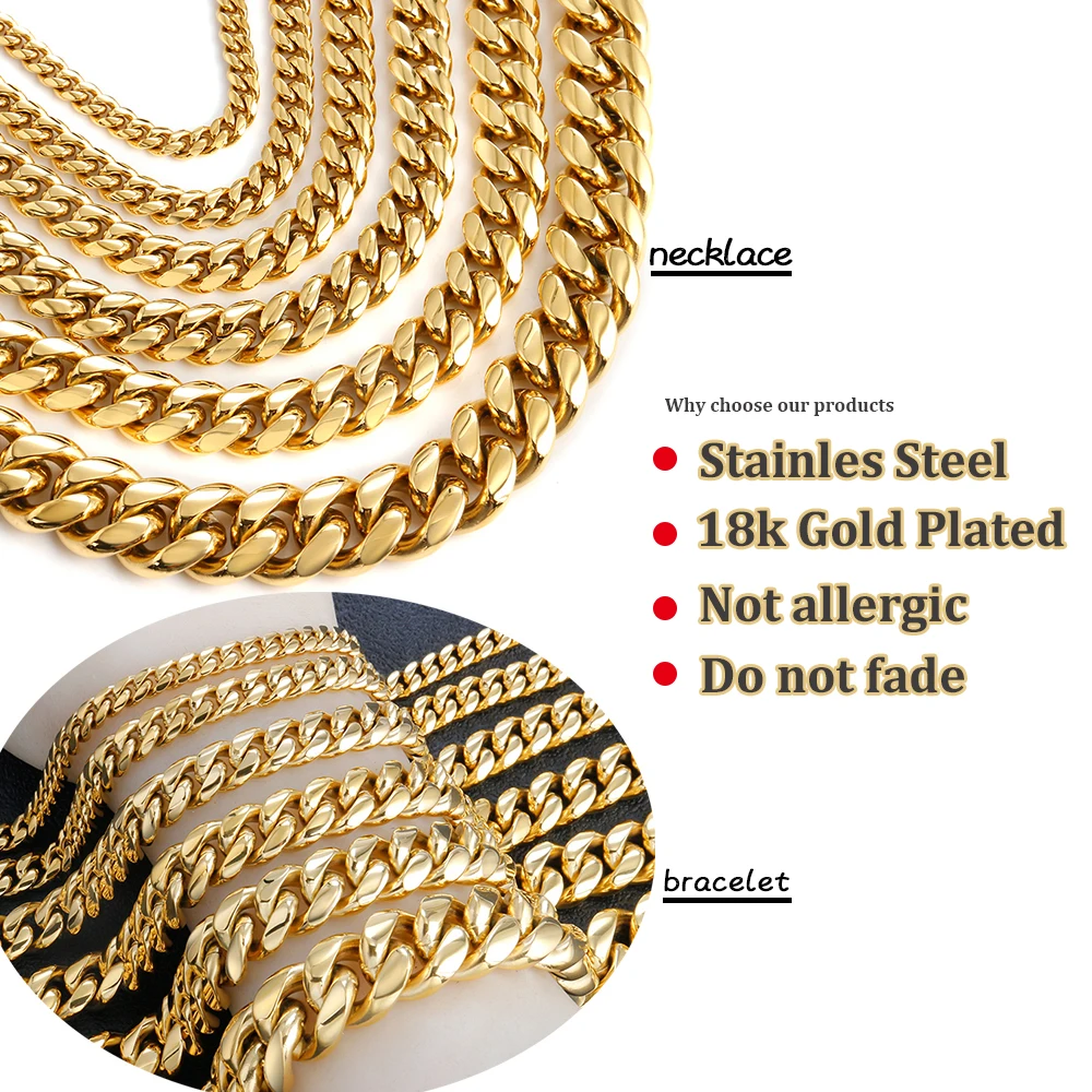 H8d1b6a0e566a4054bfe1b04dae132289O 6-18mm Wide Golden Miami Cuban Chain for Men Women Hip-hop Stainless Steel Necklace Bracelet Fashion Jewelry Pop Accessories Mallzona