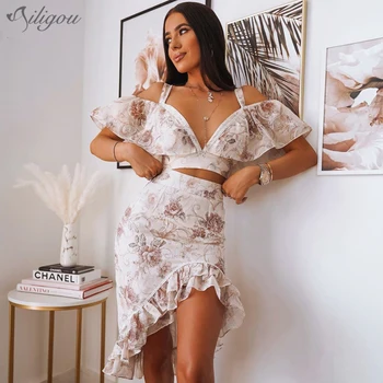 

Ailigou 2020 Summer New Women'S High Quality Ruffle Print Off-Shoulder Short Sleeve 2 Two-Piece Dress Sexy Party Dress Vestidos