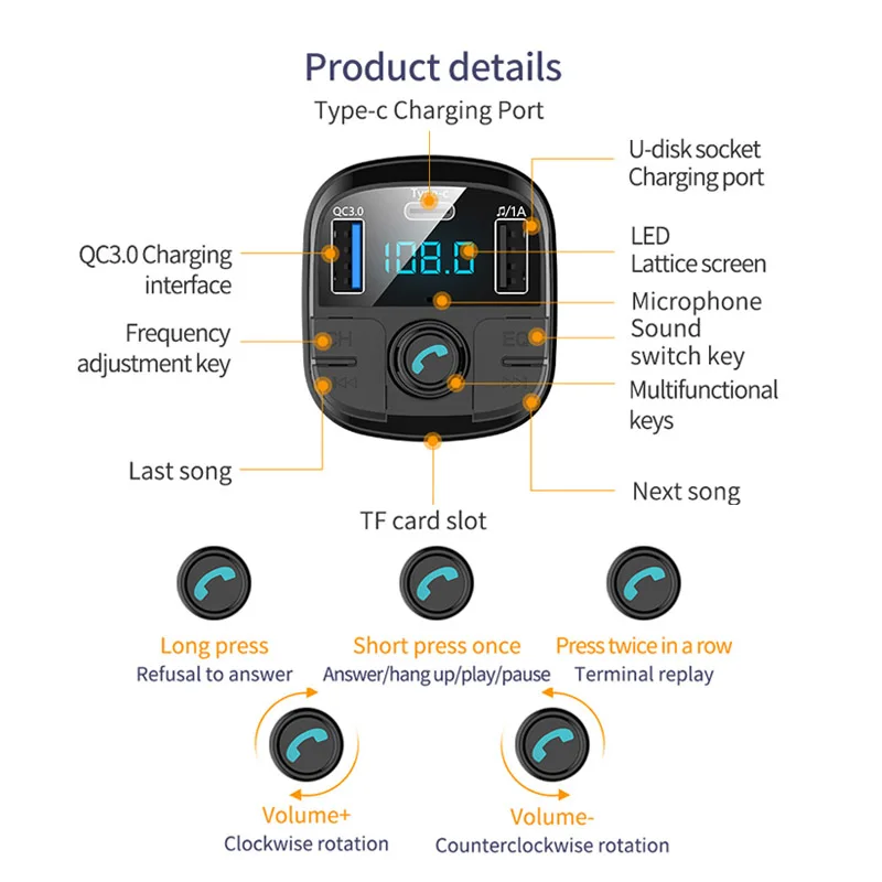 JaJaBor автомобильный FM передатчик Bluetooth 5,0 CarKit MP3 аудио музыкальный плеер громкой связи Тип C зарядка Быстрая зарядка QC3.0 автомобильное зарядное устройство