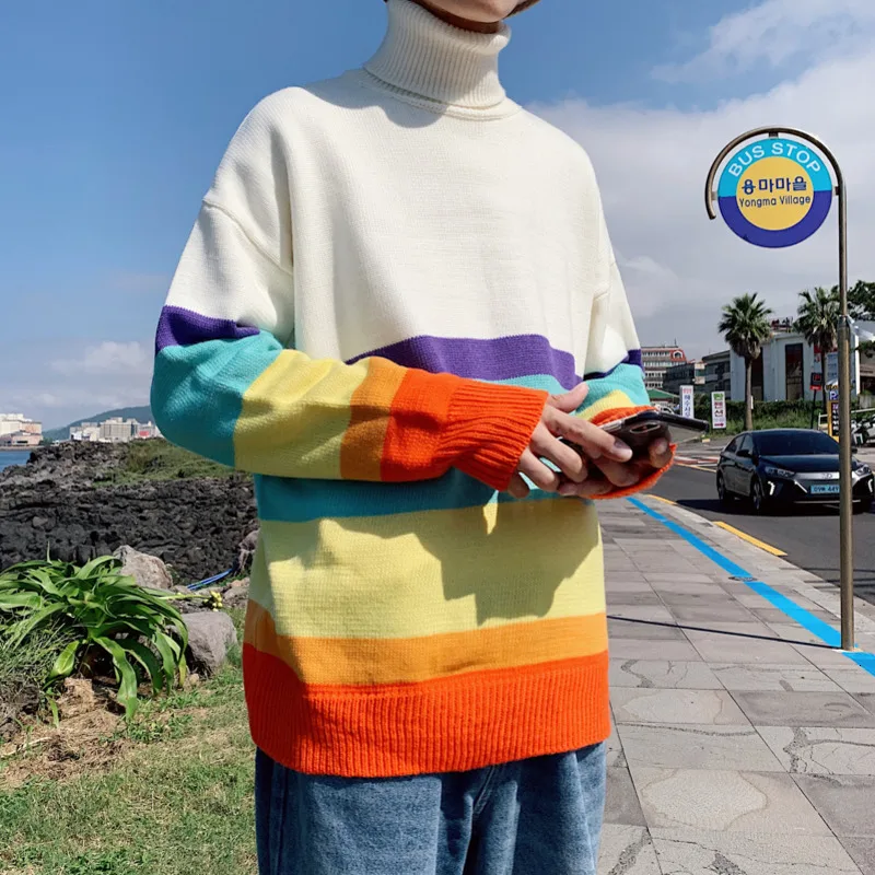 

Winter Turtleneck Sweater Men Warm Fashion Contrast Casual Knit Sweaters Man Streetwear Striped Pullover Men Sweter Clothes