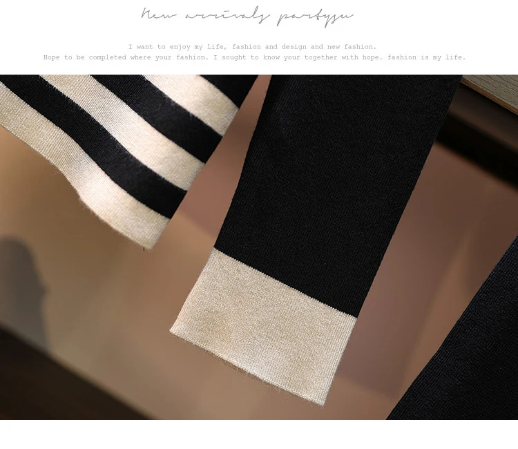 Women's striped sweater, suit, sets, knitted cardigans, trousers, set, tracksuit, bow tie, collar, sweater, top+ wide pants, 2