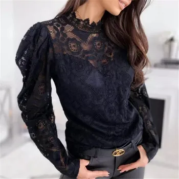 

Women Lace Sheer Black Hollow Long Sleeve Tops Shirt Ladies Casual Solid OL Work Wear Elegant Blouse New Summer Pullover Blouse