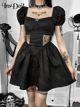 

InsDoit Gothic Puff Sleeve Lolita Black Dress Women Waist Sexy Lace Corset Mini Dress Streetwear Elegant Club Party A-LINE Dress