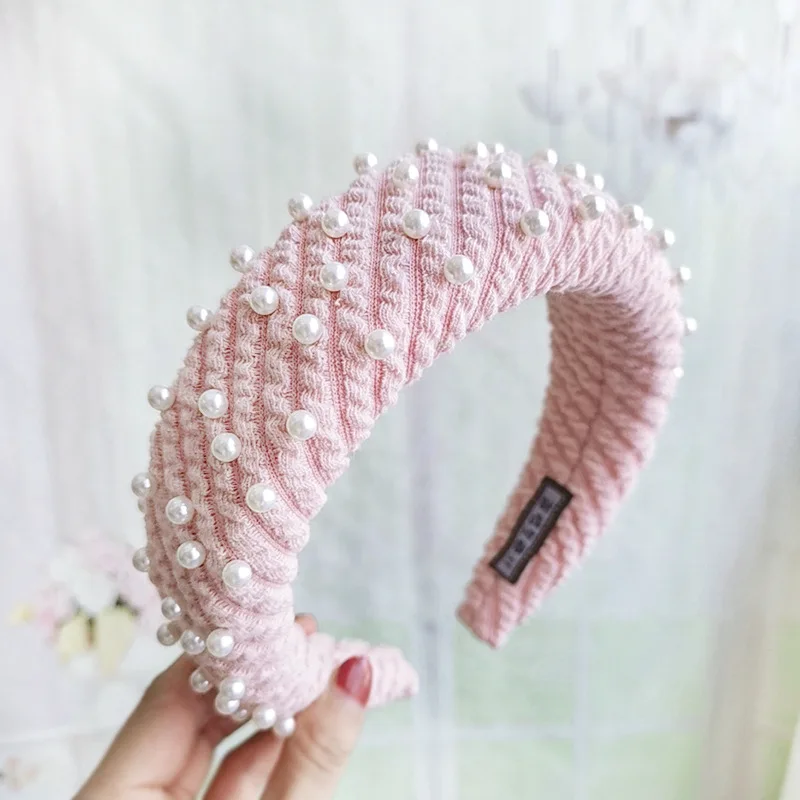 Модные вязаные с жемчугом с подкладкой повязки для женщин девочек ручной работы широкие губки повязки для волос женские жемчужные аксессуары для волос - Цвет: Pink