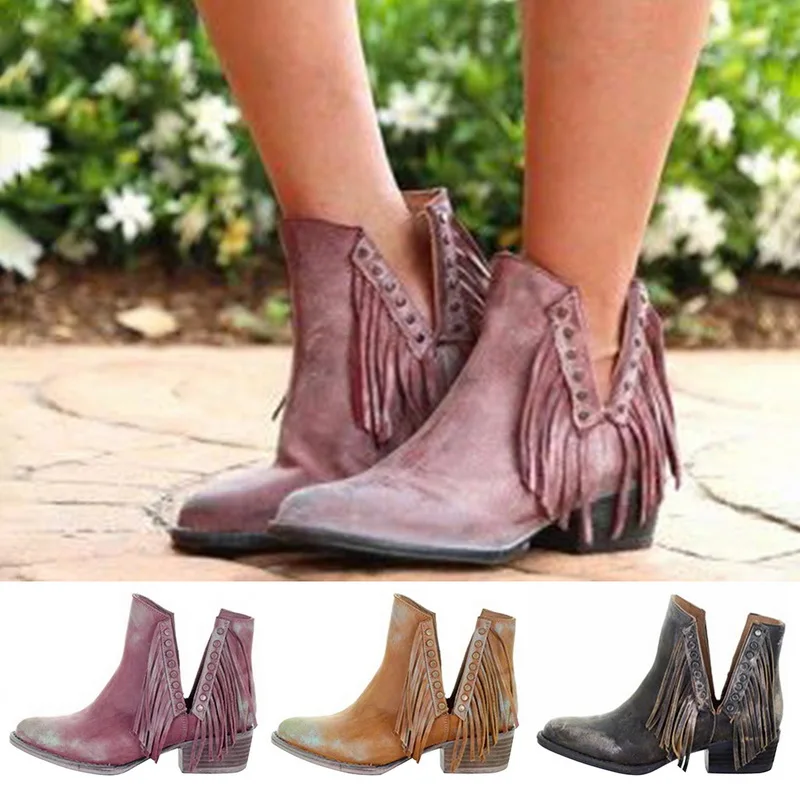 

PUIMENTIUA Autumn Women Shorts Boots Pointed Toe Low Heel Side Zipper Fringe Retro Fashion Tassel Ankle Booties Party Shoes