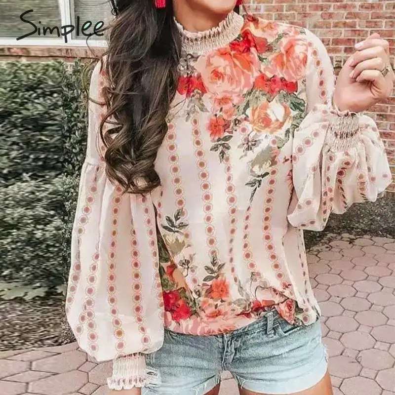 Simplee этнический стиль цветочный принт женская блузка плиссированная с