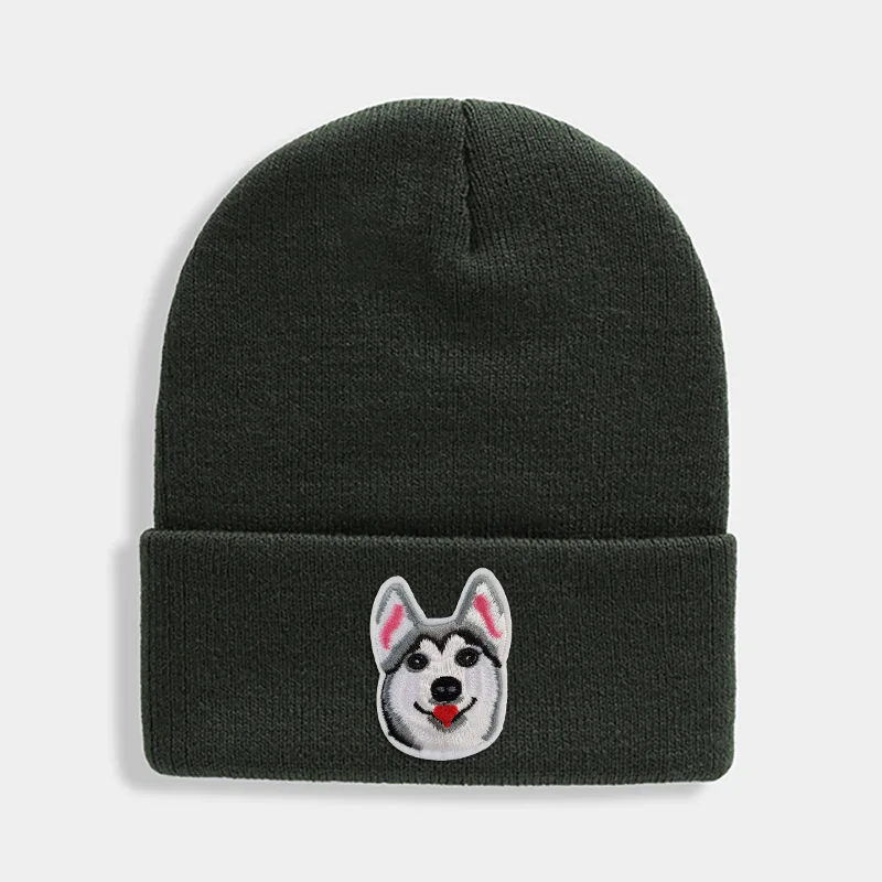 Huskies Hats Fashion Patches Sweet Beanie For Unisex Winter Brimless Stretchy Bonnet Solid Color Outdoor Cap Knitted Beanie - Цвет: Армейский зеленый