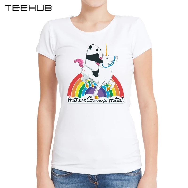 

2019 Women New Fashion Funny Panda Ride Unicorn Printed Short Sleeve T-shirt Lady Fantastic Design Tops Novelty Tees