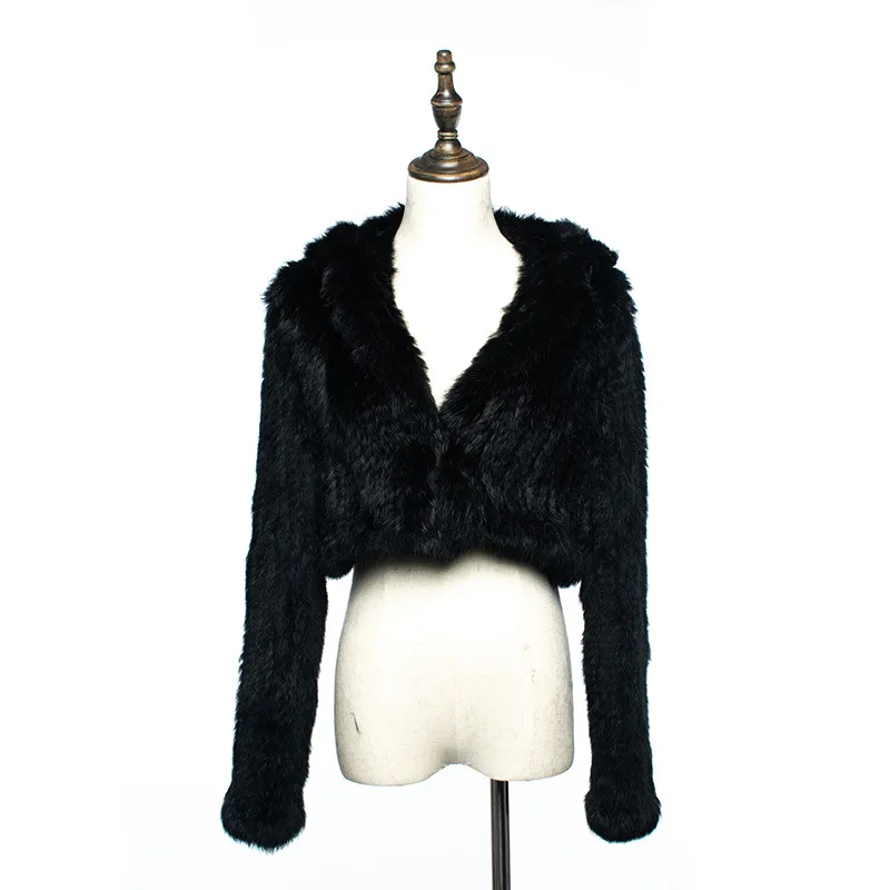 rf1921 new real fur coat women black rabbit fur jacket with hood short fur coat knitted