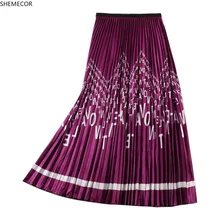 SHEMECOR Осенняя Женская богемная сатиновая волнистая юбка миди с цветочным принтом и эластичной талией, блестящая плиссированная юбка миди для пляжного отдыха