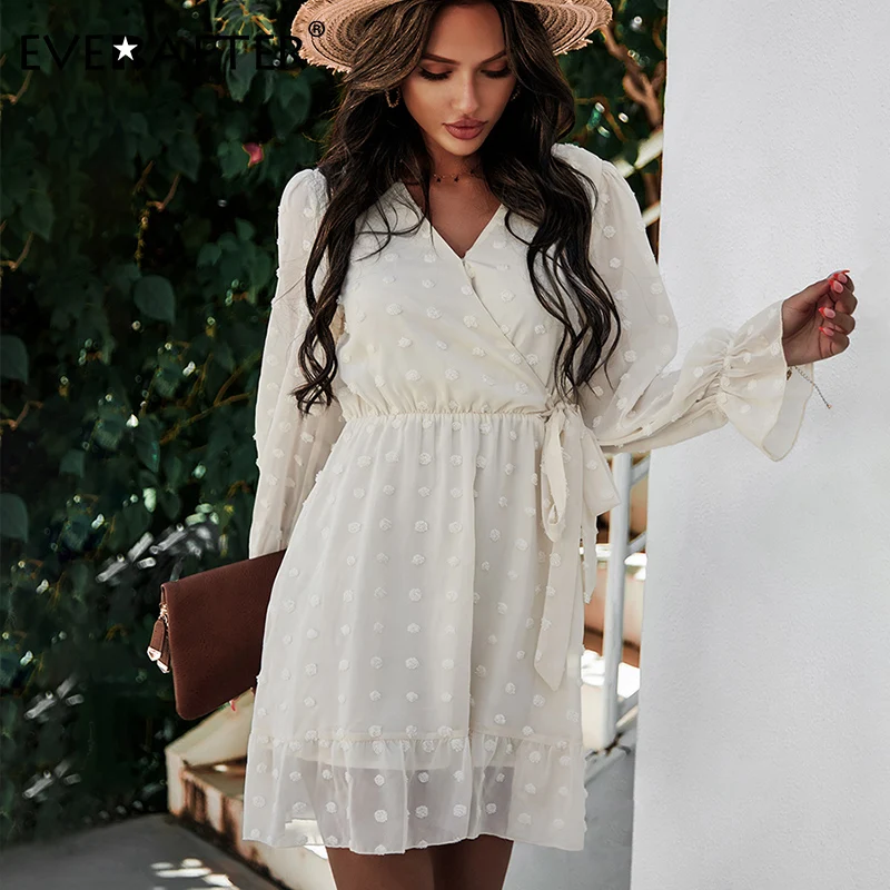 EVERAFTER Elegant Solid Dot Embroidery Mini Dress Women Long Sleeve High Waist A-line Spring Casual Female Beach Vestidos | Женская