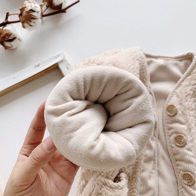 WLG girl winter coats kids beige velvet thick single breasted outerwear baby girl casual warm clothes 1-6 years