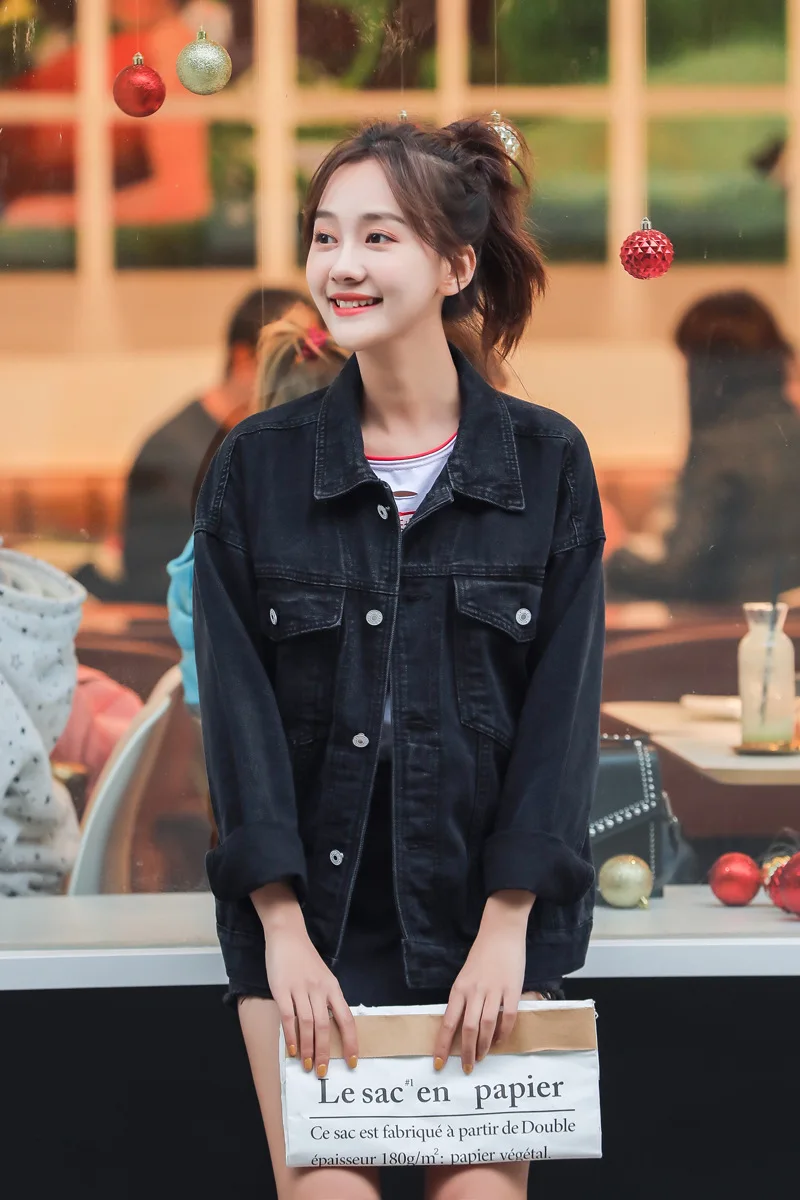 

Photo Shoot-2019 Autumn New Style Black And White with Pattern Jeans Coat Women's Korean-style Loose-Fit Students Harajuku Tops