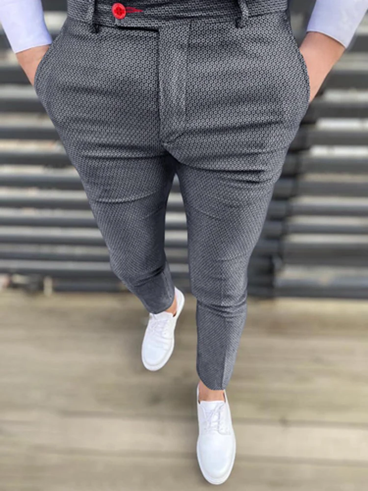 

2022 Fashion Spring Mid Waist Slim Beltless Business Pants Autumn Elastic Pocket Suit Leggings Retro Print Men's Pencil Pants