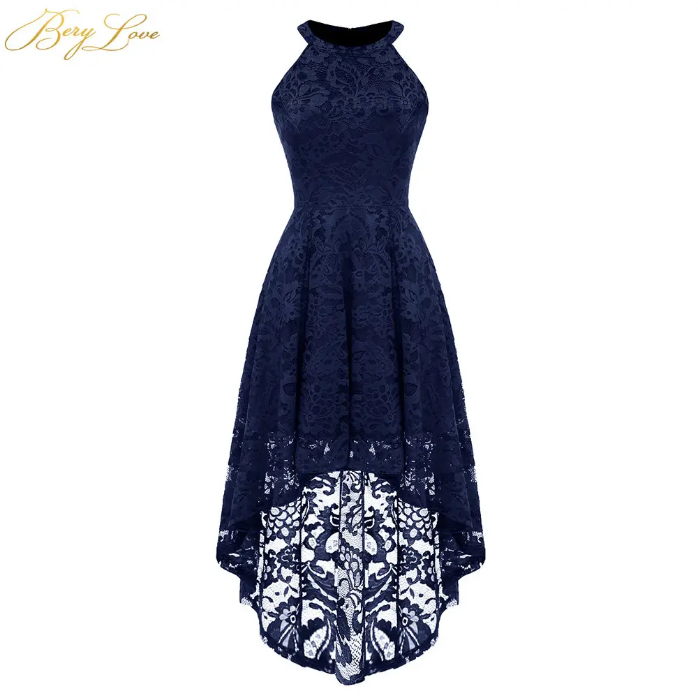 Navy Blue BeryLove Румяна короткие платья для выпускного вечера Кружева Мини Длина Холтер декольте девушка милый высокий-низкий Вечерние Выпускные платья на молнии - Цвет: Navy Blue