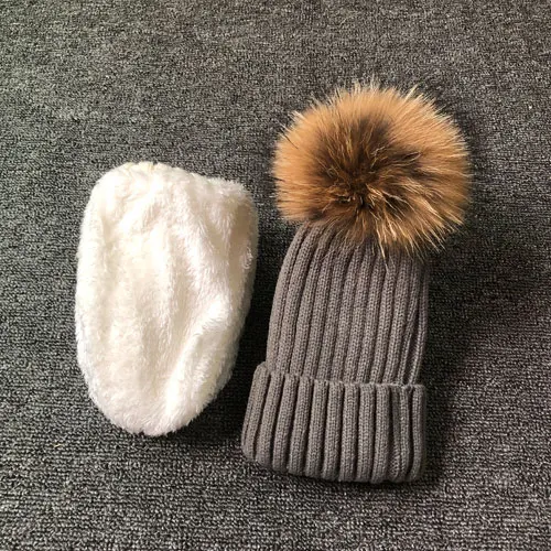 gray hat Зимняя шапка для мальчиков и девочек, высококачественные бархатные шапки, натуральные шапки с меховым помпоном, популярный детский широкий берет-Боб - Цвет: gray hat