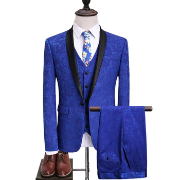 

Men's British Suit Men's Royal Blue Slim Jacquard Embroidery Blazer Handsome Single Button Suit Three Piece Men's Suit