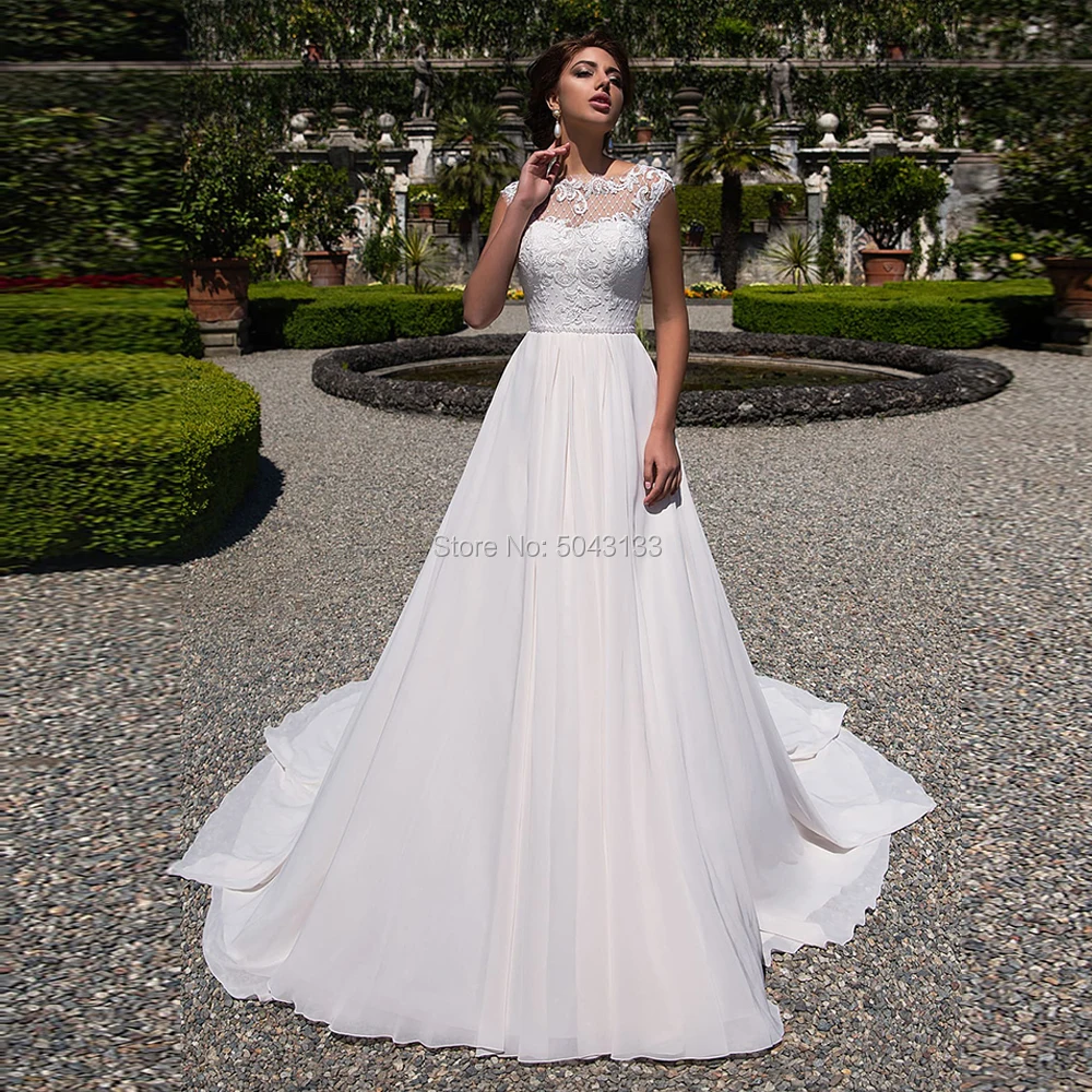 

Chic Lace Applique A Line Boho Chiffon Wedding Dresses 2020 Sexy Scoop Cap Sleeve Open Back Bride Wedding Gowns Beaded Sash