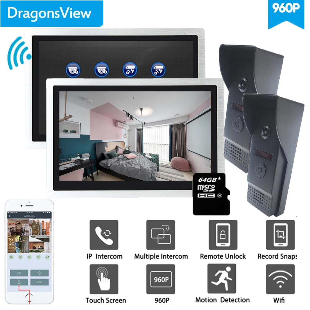 

Dragonsview 10 Inch 960P Wifi Video Intercom Doorbell 2 Monitors 2 Doorbells Wireless Door Intercom Metal Unlock Record