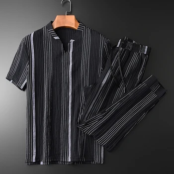 

Summer Mens (t-shirt+pants) Luxury Vertical Stripes Short Sleeve Man Seets Plus Size 4xl Casual Sport Slim Men Sets