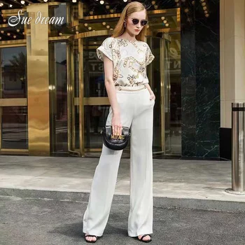 

2020 Summer New Women'S Fashion And Elegant 2 Two-Piece Set Printed Shirt & Wide-Leg Pants Were Thin Set Bodycon Clud Party Set