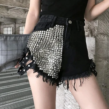 

2020 Women's Fashion Brand Vintage Tassel Rivet Ripped High Waisted Short Jeans Punk Sexy Hot Woman Denim Shorts