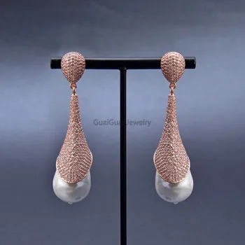 

GuaiGuai Jewelry 2.4'' 16x25MM White Sea Shell Pearl CZ Pave Rose Golden Plated Earrings
