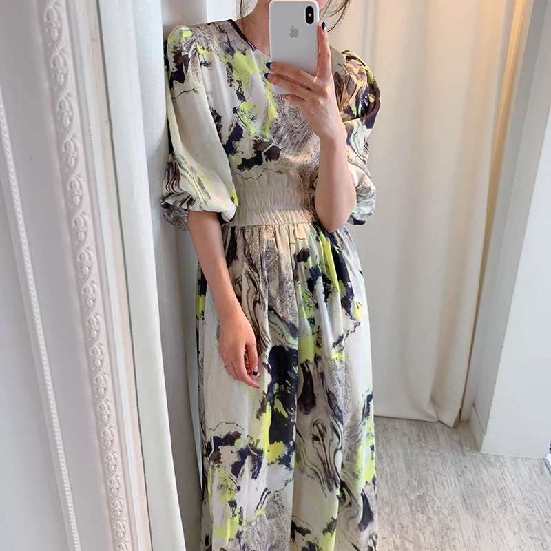 

VICONE Korean Style Chic Court Style round Neck Loose Waist Lantern Sleeve Ink Rendering Printed Dress Long dress women