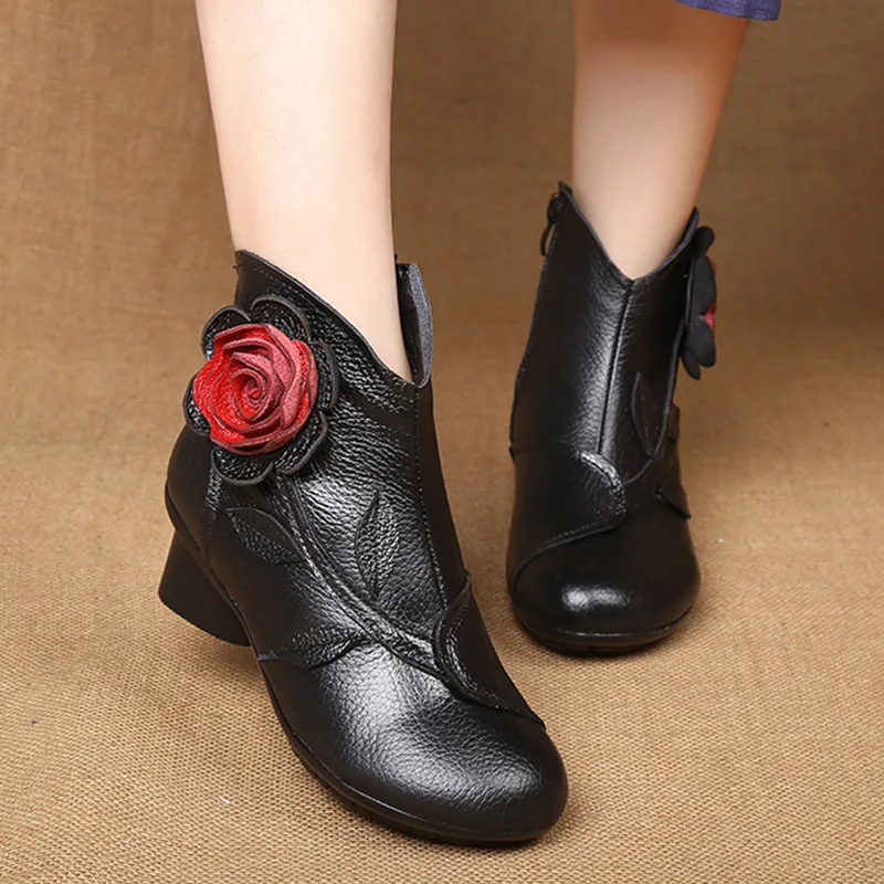 GKTINOO 2019 New Female Boots Handmade Ethnic Style Thick With Heels Women's Shoes Winter Genuine Leather Ladies Cotton Boots