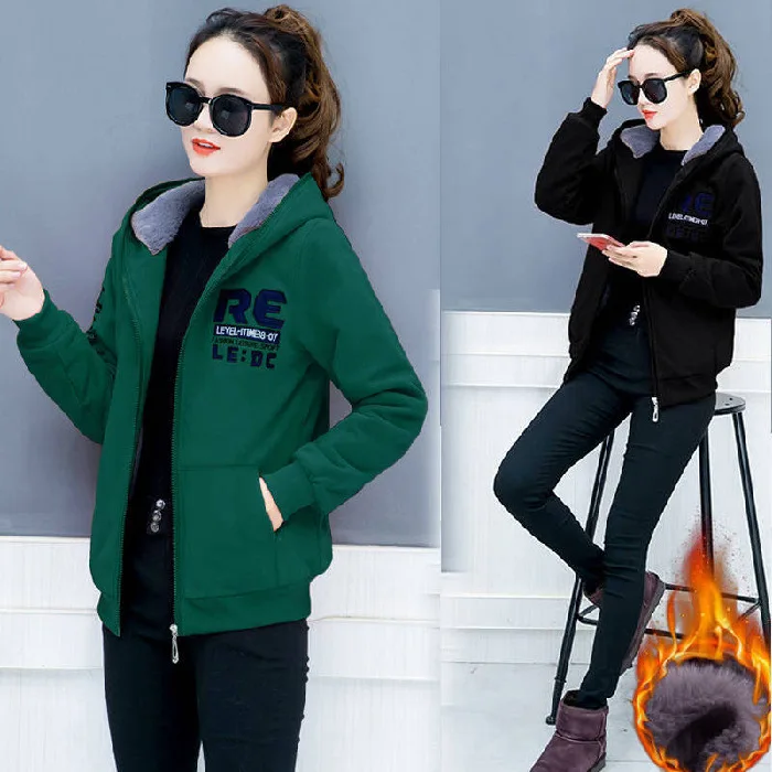 awesome  6550 # Winter Coat Women's plus Velvet Hoodie Students Korean-style Loose-Fit WOMEN'S Cardigan Jack