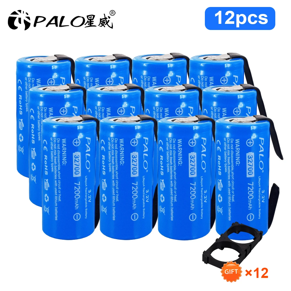 

12pcs Original 3.2V 32700 7200mAh LiFePO4 Battery 35A Continuous Discharge Maximum 55A High power battery 32700+DIY Nickel sheet