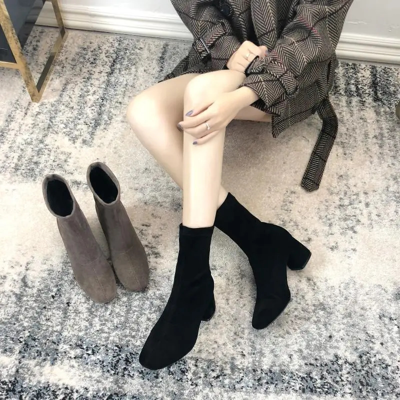 

Shoe boots spring and autumn single boots thick heels socks boots square-headed elastic boots high-heeled Martin boots