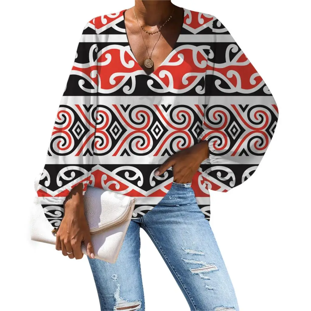 

Aulaygo Polynesia Print Ladies Tops Nation Hawaiian Pattern Girl Blouse Loose Plus Size V-neck Female Long Sleeve Clothes Custom