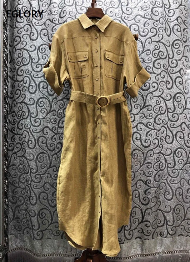 

High Quality Linen Dress 2020 Spring Style Women Chest Pocket Deco Belted Short Sleeve Mid-Calf Length Cotton Dress Shirt Female