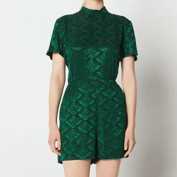 

Women Backless Playsuits O-neck Green Color Jacquard Lady Playsuit Female Clothings Spring Summer