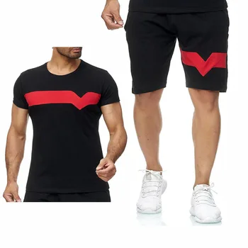 

2020 New Men Trend Hedging T-Shirts Solid Color Cotton Casual Splice Short Sleeve O Neck Men T-shirt Wild + Pants 2 Piece Suit