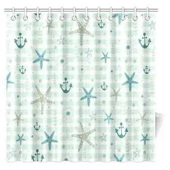 

Nautical Decor Shower Curtain, Marine Sea with Anchor Wheel Starfish Seashell Figures Bathroom Shower Curtain with Hooks, Extra