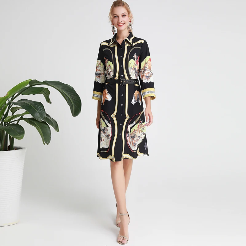 

Xiaomoli Autumn 2019 New Printed Retro Seven-Sleeve Flip-Collar Single-row Button Dress with Belt