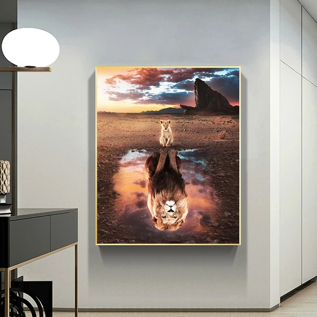 A Lion Cub Sees Himself Big Painting Printed on Canvas 2