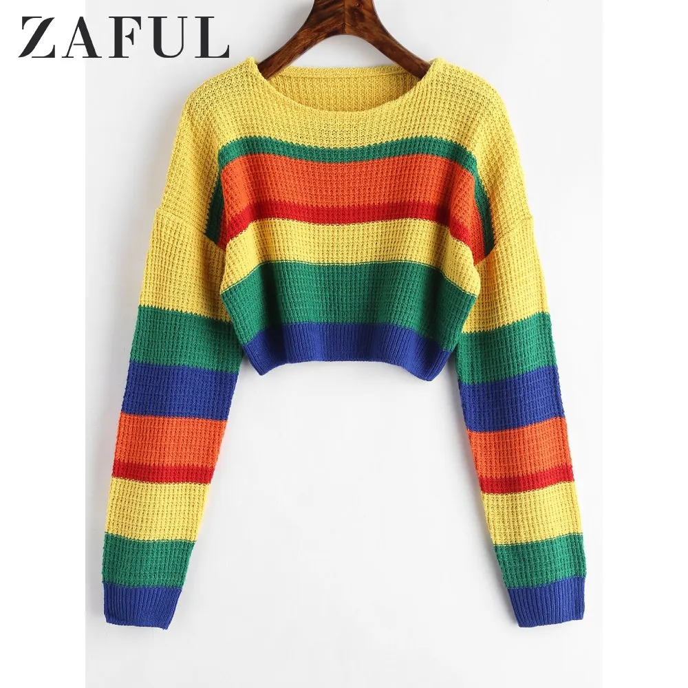ZAFUL Multi Drop Shoulder Color Block Crop Sweater Round Collar Blocking Pullovers Short Jumper Loose Women'S Sweaters | Женская