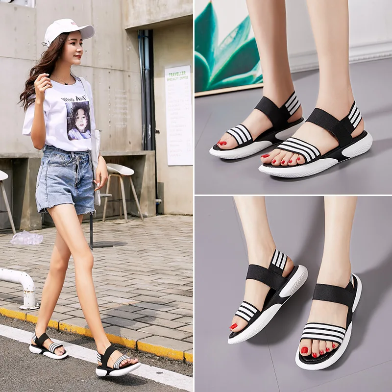 

2019 New Style Summer Elastic Band Casual Sandals Women's INS Korean-style Semi-high Heeled Flat Sports Versatile WOMEN'S Shoes