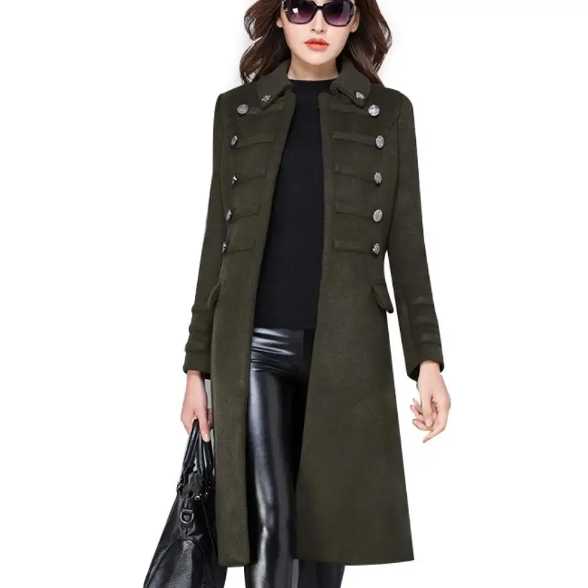Женское шерстяное пальто в стиле милитари двубортное приталенное из смешанной