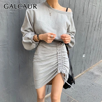 

GALCAUR Korean Drawstring Ruched Dress For Women O Neck Lantern Sleeve High Waist Lace Up Oversize Slim Mini Female Dreses 2020