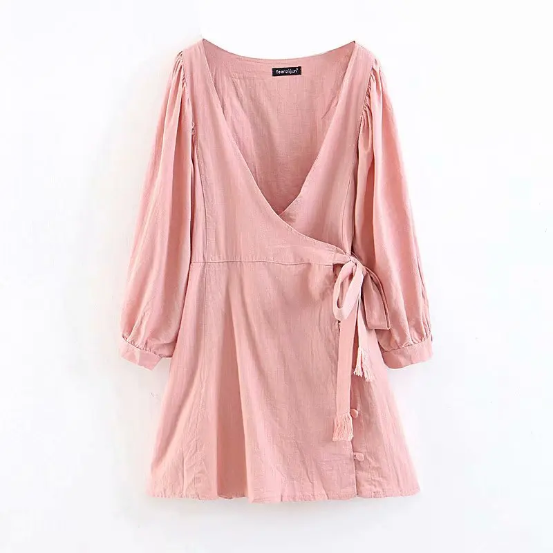 

Sdp-6039 # WOMEN'S Dress-Style Skirt Autumn 2018 Monochrome Step High-waisted V-neck Cotton Linen Wrap-Style One Piece Midi-skir