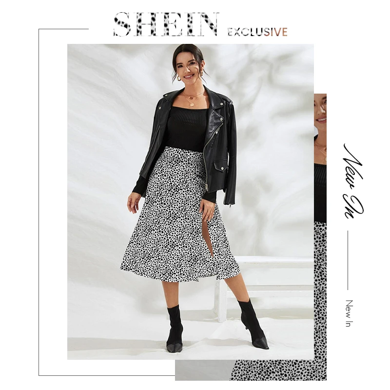 SHEIN, черная и белая, по всей поверхности, с принтом, с разрезом, до бедра, сексуальная юбка, для женщин, низ,, осенняя мода, для девушек, на молнии, миди, трапециевидные юбки