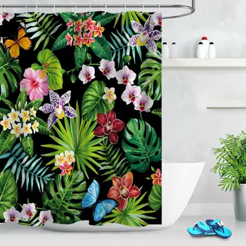 

Custom Tropical Green Leaf Flower Polyester Fabric Shower Curtain Bathroom Set