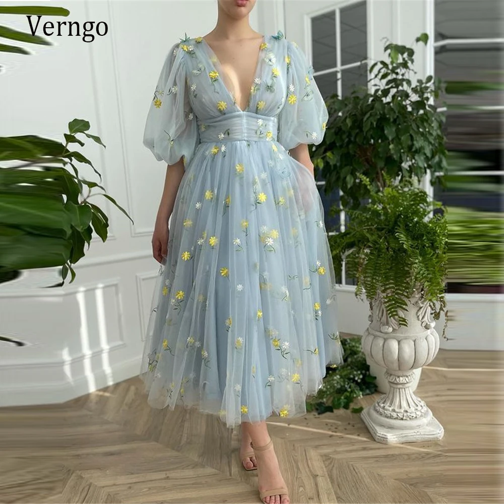 

Verngo 2021 A Line Light Blue Tulle Short Prom Dresses Puff Sleeves V Neck Flowers Printed Midi Length Chic Formal Party Gowns