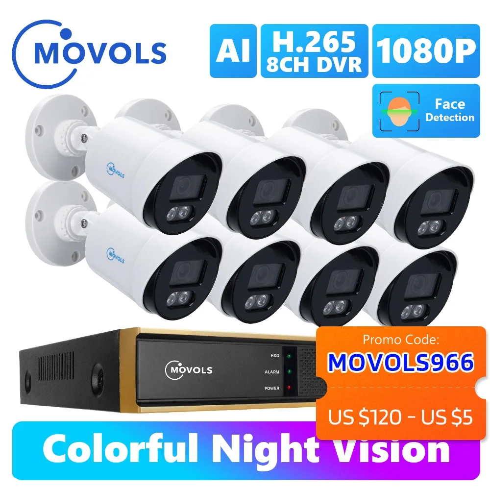 Movols 2MP AI colorido Noche de visión Kit CCTV H.265 + Vídeo impermeable Sistema de Vigilancia 8CH DVR 8 uds/4 Uds juego de cámara de seguridad