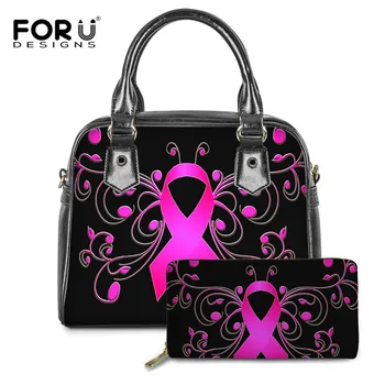 

FORUDESIGNS Breast Cancer Butterfly Ribbon Black Female Luxury Handbags Woman 2PCS/Set Women Fashion Tote Shoulder Bags Mochila