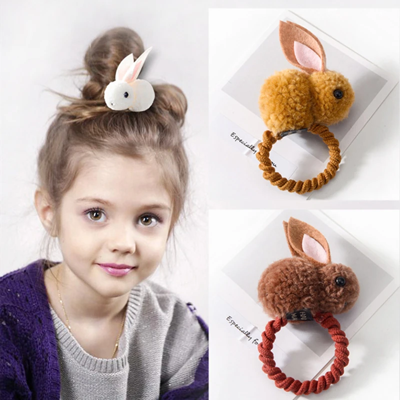 

Cute Girls Plush Rabbit Hair Ring Ball Hair Rope Hair Clips Women Elastic Rubber Hair Bands Plush Teddy Hairpins Headdress